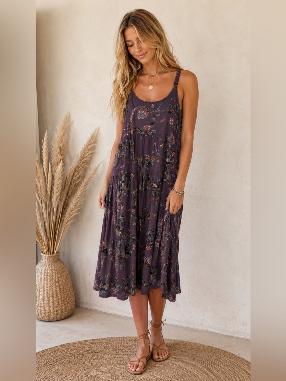 Boho Floral Scoop-Neck Midi Dress in Plum